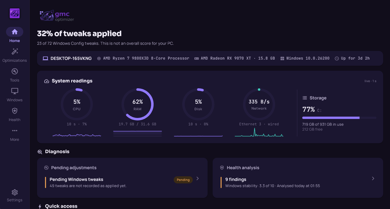 GMC Optimizer Home screen: live processor, memory, disk and network readings, pending tweaks and the Health Analysis summary.
