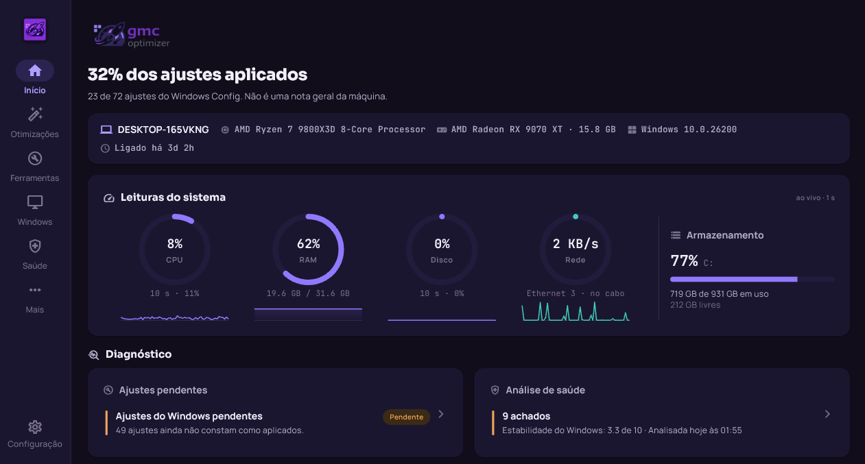 Tela Início do GMC Optimizer: leituras ao vivo de processador, memória, disco e rede, ajustes pendentes e o resumo da Análise de Saúde.