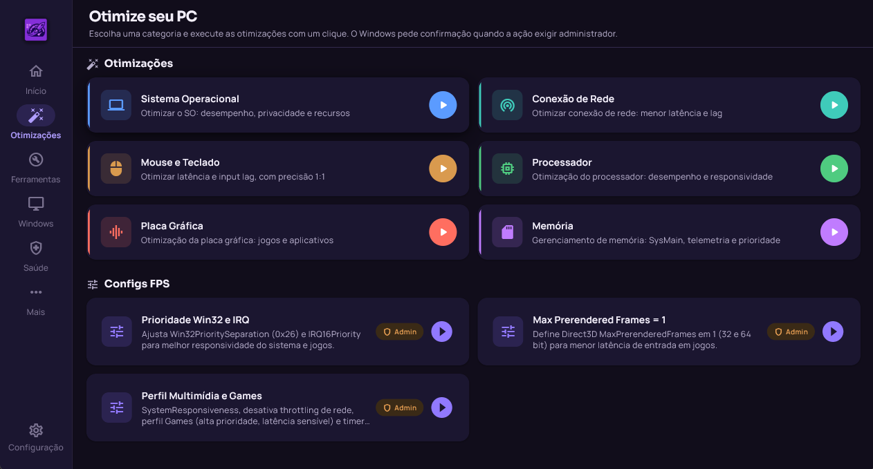 Tela Otimizações: seis rotinas por script e as Configs FPS, cada uma com botão de execução.
