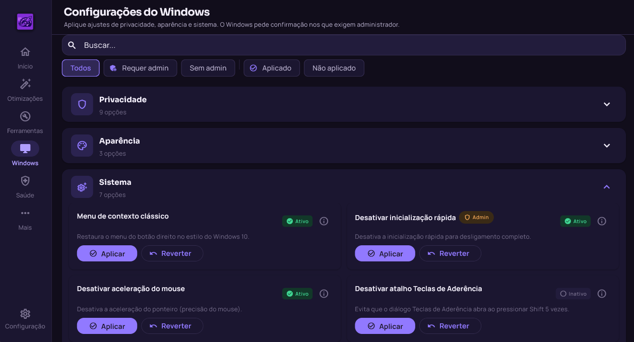 Tela Configurações do Windows: ajustes por categoria, com Ativo, Inativo ou Não verificado em cada um.