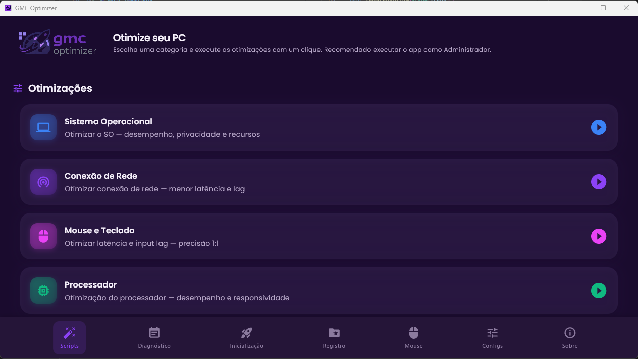 Tela inicial do GMC Optimizer
